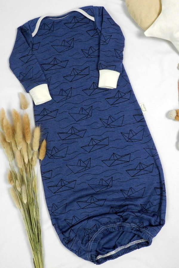 Nachthemd aus Wolle Seide Jersey 63/68 Boote auf Nachtblau